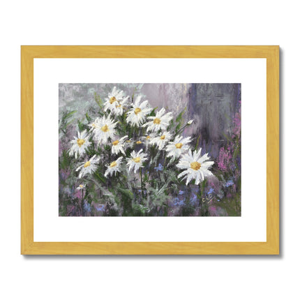 White daisy flowers art print in a gold frame with white mount