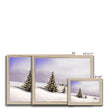 Winter landscape painting with fir trees covered in snow, art prints in natural frames. Different sizes