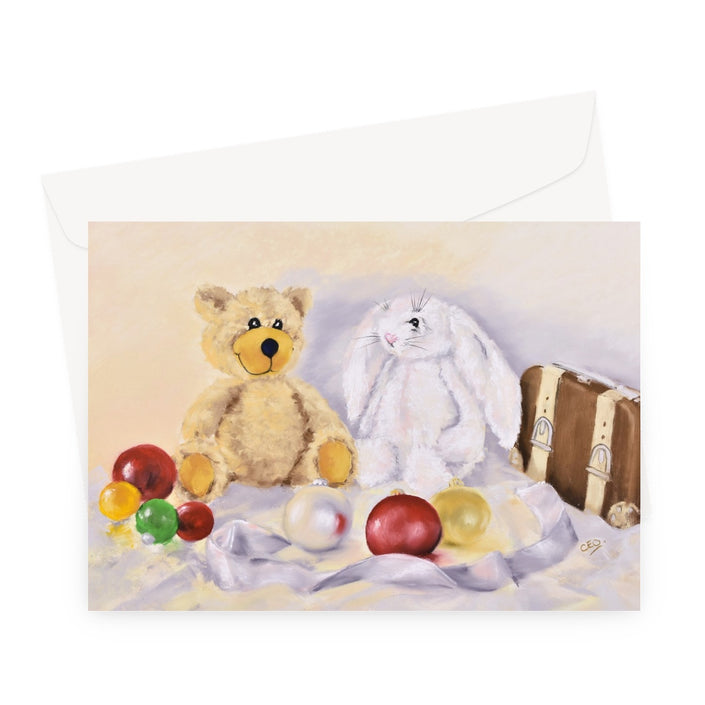 Teddy bear and white fluffy rabbit soft toy surrounded by Christmas baubles, art greeting card. Landscape orientation