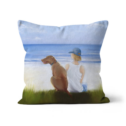 A Boy and His Dog at the beach, artwork sofa cushion. Square canvas cushion