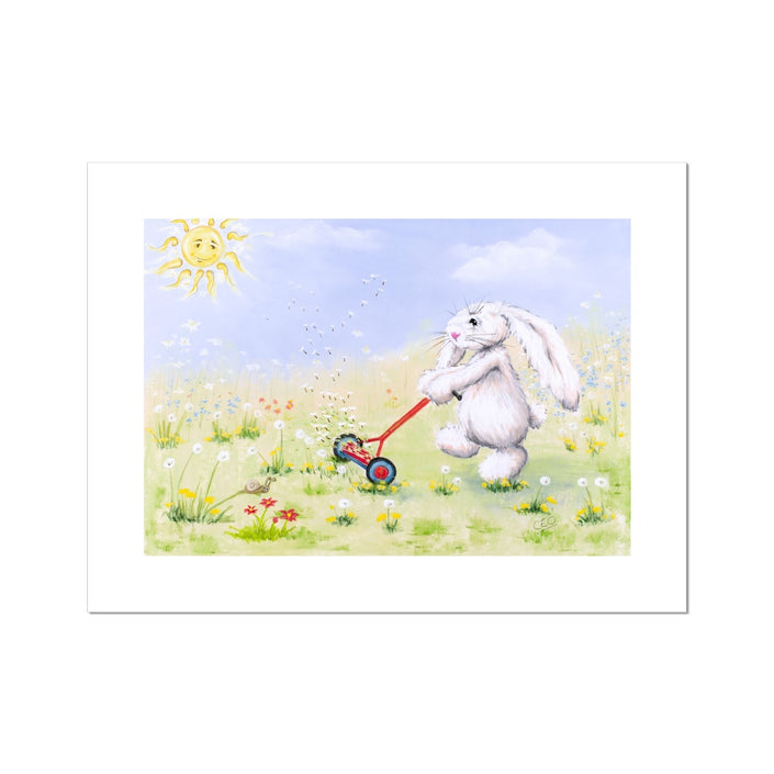 White flopsy rabbit, sunshine and and meadow flowers artwork. Unframed canvas print with white border. Unframed 