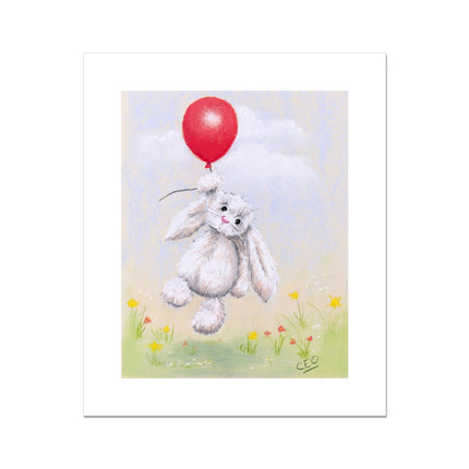 White flopsy rabbit floating above delicate flowers from a red balloon, nursery art canvas print.