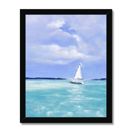 The White Sailboat on calm tranquil ocean painting, fine art giclée print in a black frame