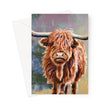 Colourful Scottish Highland Cow artwork greeting card. Portrait format