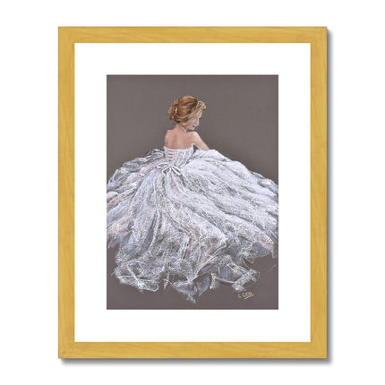 Beautiful woman in white dress, painting. Fine art print with white boarder and gold frame.