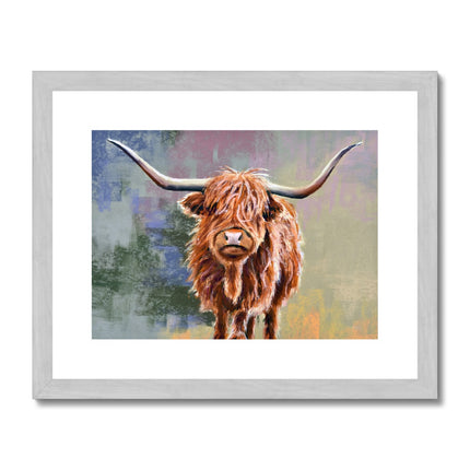 Scottish Highland Cow painting, fine art print in a silver frame with a white mount