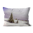 Delicate winter landscape with little fir trees covered in snow, art throw cushion. Square. Shades of white, lilac and pink