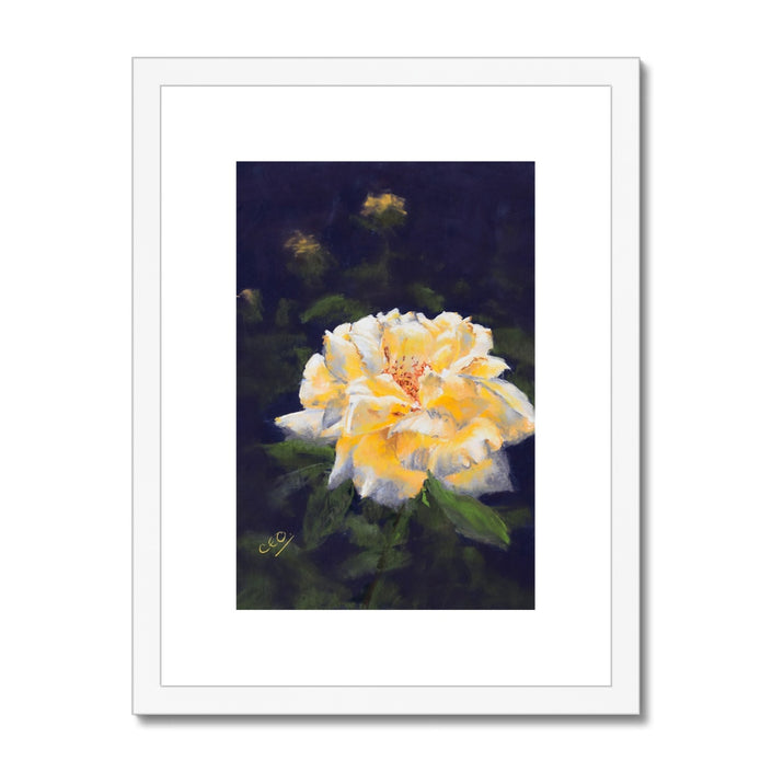 Yellow Rose artwork, fine art print with white frame with white matt