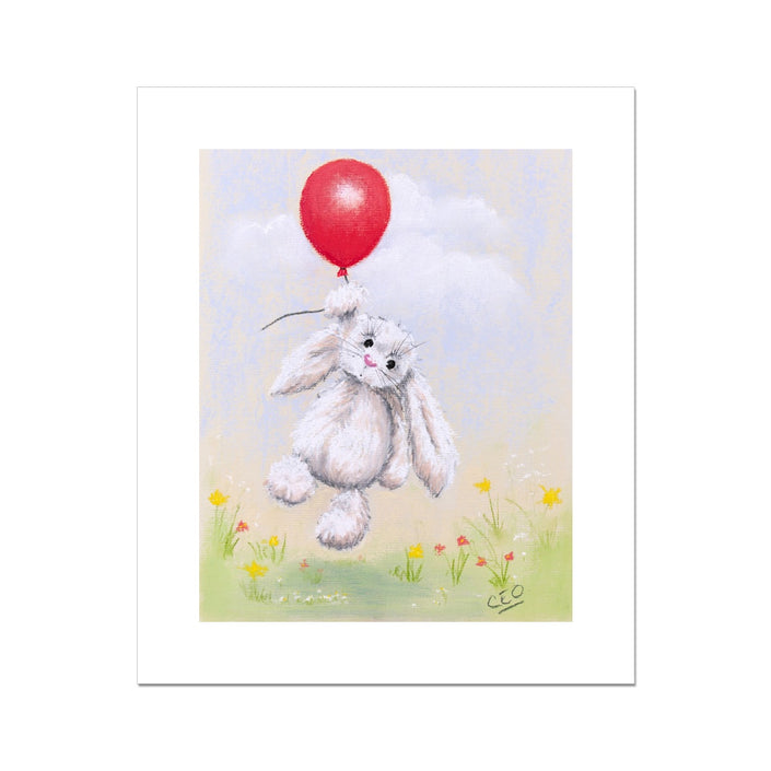 Beautiful white rabbit, flowers and red balloon nursery artwork. Fine art eco-friendly canvas print