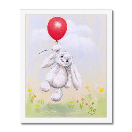 Adorable rabbit and red balloon, nursery framed fine art print in a white frame.