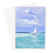 White Sailboat on tranquil turquoise ocean, art greeting card. Portrait orientation