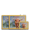 Colourful Highland Cow fine art prints in gold frames. Different sizes