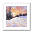 Winter landscape at sunset painting. Square fine art print in white frame with white mount.