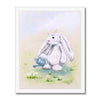 Adorable white rabbit watering the daisies with a little blue watering can, nursery art print in a white frame