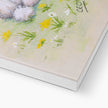 Rabbit and flowers nursery canvas art print. Close up of bottom corner detail and white wrap detail.