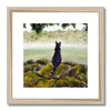 Black cat surveying the misty landscape, painting. Fine art print in a natural frame with white mount. Square