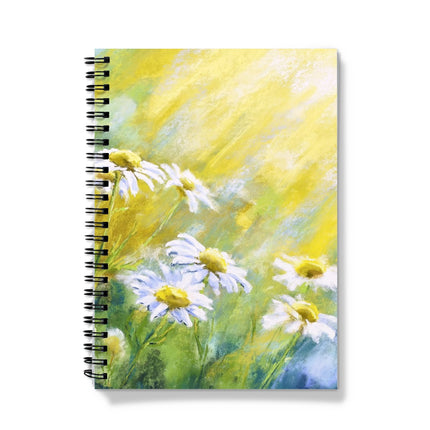 White daisy flower design notebook. Spiral bound. Yellow and white.