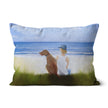 A Boy and His Dog at the beach, artwork sofa cushion. Rectangular, canvas fabric