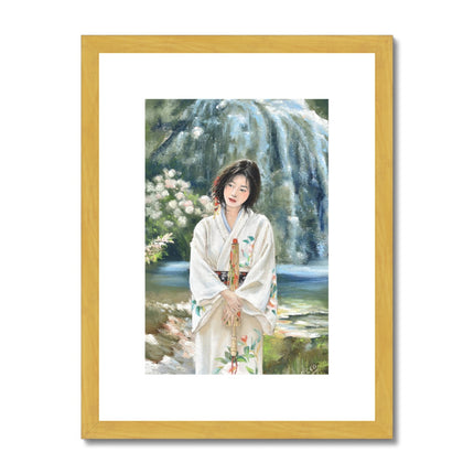 Japanese Kimono art. Geisha fine art print with a gold frame and a white mount. Portrait orientation