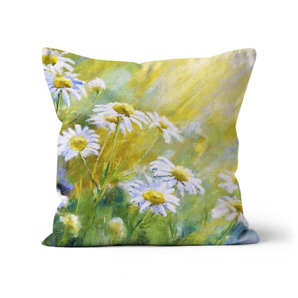 White daisy flower throw pillow. Square. Beach-house linen. Yellow and white