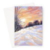 Snowy landscape at sunset, artwork greeting card. Portrait format