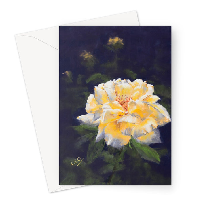 Golden yellow rose against a dark violet background, floral art greeting card. Portrait orientation