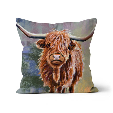 Colourful Scottish Highland Cow throw cushion in linen fabric.