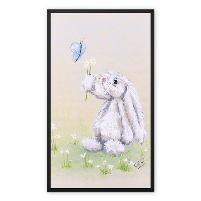 White rabbit, flowers and butterfly canvas art print within a modern black picture frame. 