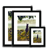 Black cat surveying the misty landscape, painting. Fine art prints in a black frame with white mount. Different sizes