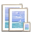 White Sailboat afloat tranquil turquoise sea, nautical painting. Art prints in natural frame with white mount. Portrait format