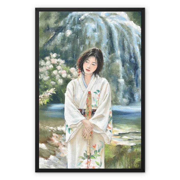 Beautiful Japanese Woman in a White Kimono, painting. Canvas art Print in a modern black framed