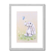 Adorable rabbit, flowers and butterfly nursery art print in silver frame