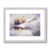 Snow covered landscape at sunset, artwork fine art print in silver frame with white mount