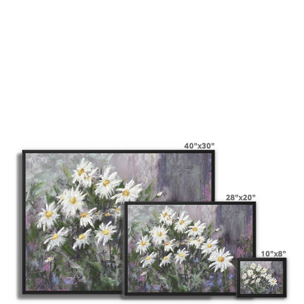 Modern, colourful daisy flowers canvas art prints set into a classic black picture frame. Different sizes