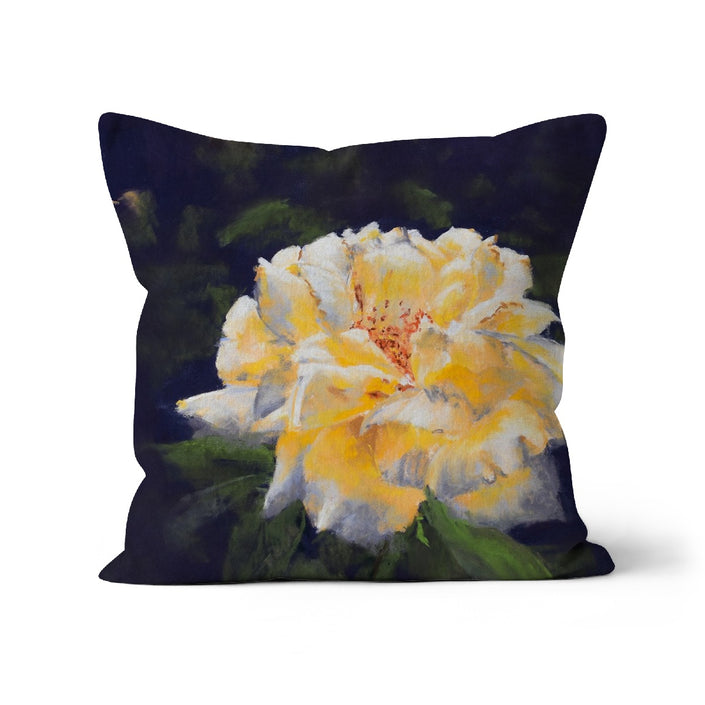 Yellow rose design throw cushion. Linen. Square. Yellow and violet