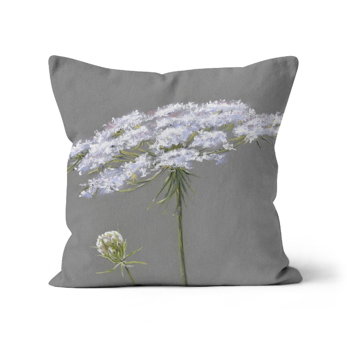 White Queen Anne's Lace flower artwork design throw pillow. Square. Linen. Grey and white.