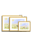 Rabbit, and flowers nursery fine art prints with gold frame and white mount. Landscape format.