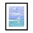 White Sailboat, summertime seascape fine art print in black frame with white mount. Portrait format