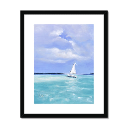 White Sailboat, summertime seascape fine art print in black frame with white mount. Portrait format