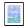 White Sailboat, summertime seascape fine art print in black frame with white mount. Portrait format