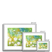 Dandelion seed heads and grasses artwork. Floral landscape fine art prints with white border in a silver frame