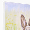 Brown Rabbit peeping over the meadow flowers and grasses artwork, canvas print. Corner detail showing white wrap. Eco and Vegan-friendly art print 