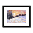 Snowy winter landscape at sunset painting. Fine art print in black frame with white mount. Landscape orientation