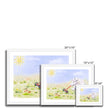 White Rabbit in the meadow flowers nursery fine art prints with white border in a white frame. Different sizes