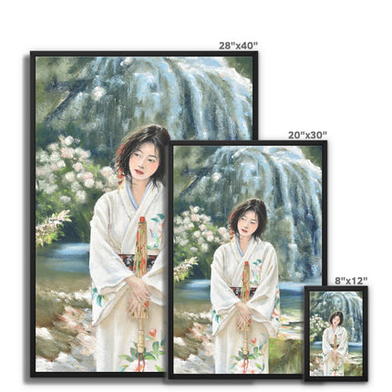 Beautiful woman wearing a white Japanese Kimono. Canvas Wall Art Prints. Different sizes. Framed and ready to hang