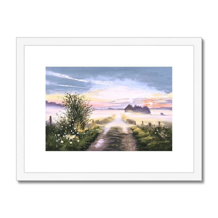 Misty landscape at sunrise, fine art print with white frame and white mount