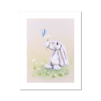 Adorable white rabbit, butterfly and daisy flower nursery fine art print.