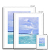 White Sailboat afloat tranquil turquoise sea, nautical painting. Art prints in white frame with white mount. Portrait format