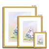 Adorable rabbit and flowers artwork. Nursery fine art prints in gold frame with white mount. Different sizes