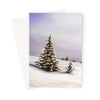 Delicate winter landscape with little fir trees covered in snow, art greeting card. Portrait orientation